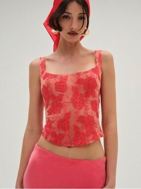 For Love & Lemons Embroidered Roses Corset Top in Red, Size Large
